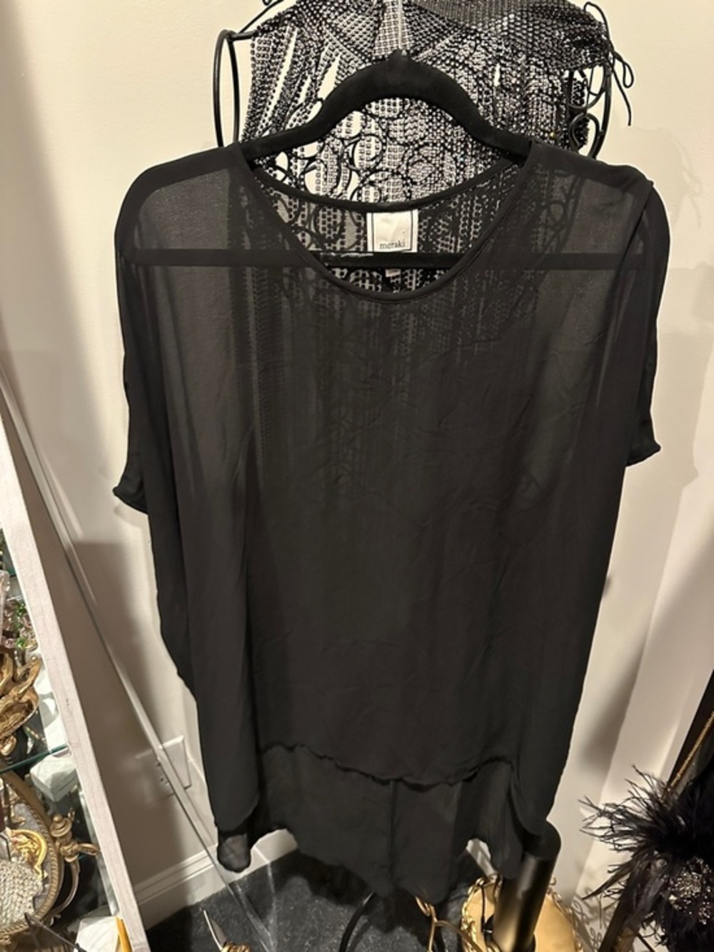 meraki Black Sheer Layered Short Sleeve Tunic high low tunic shirt